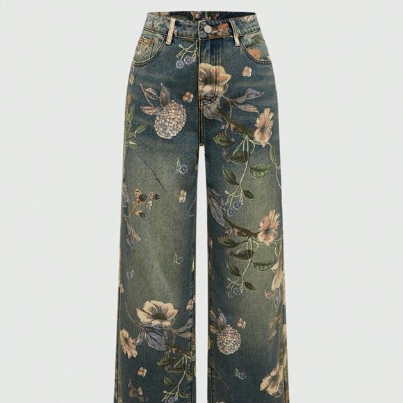 Blue Casual Women's Floral Printed Washed Loose Wide Leg Jeans - Picture 5 of 5